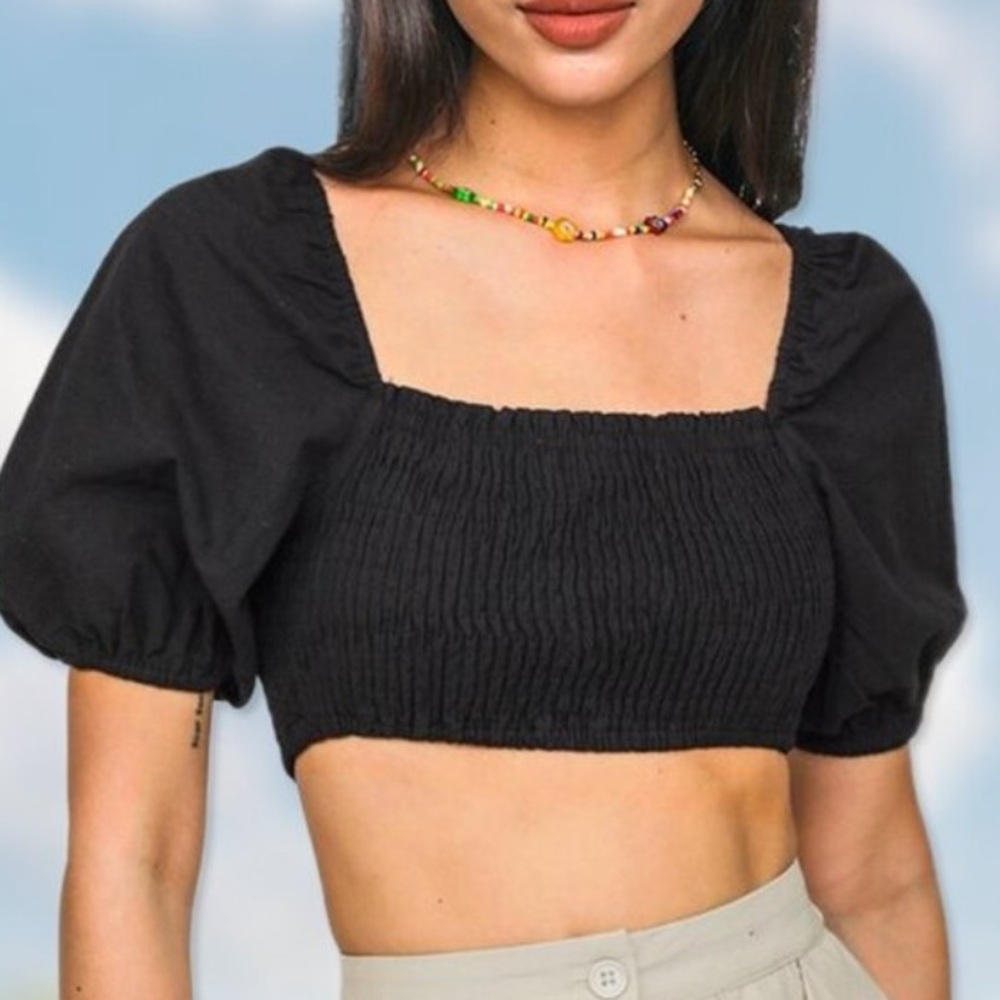 Wild Fable size S solid black Extreme Balloon Short Puff Sleeve Smocked crop Top